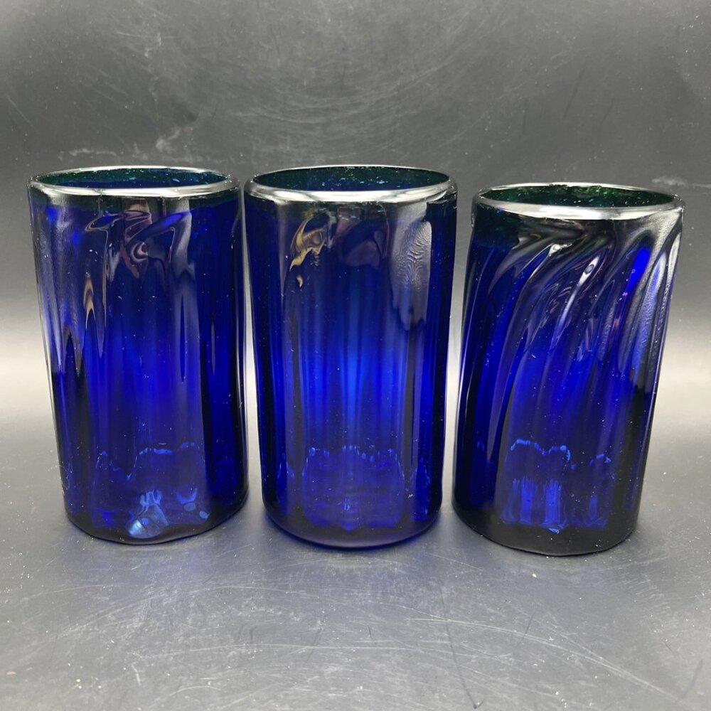 Set Of 3 Hand Blown Mexican Glasses Cobalt Blue Swirl Green Rim ~5" - Picture 10 of 14
